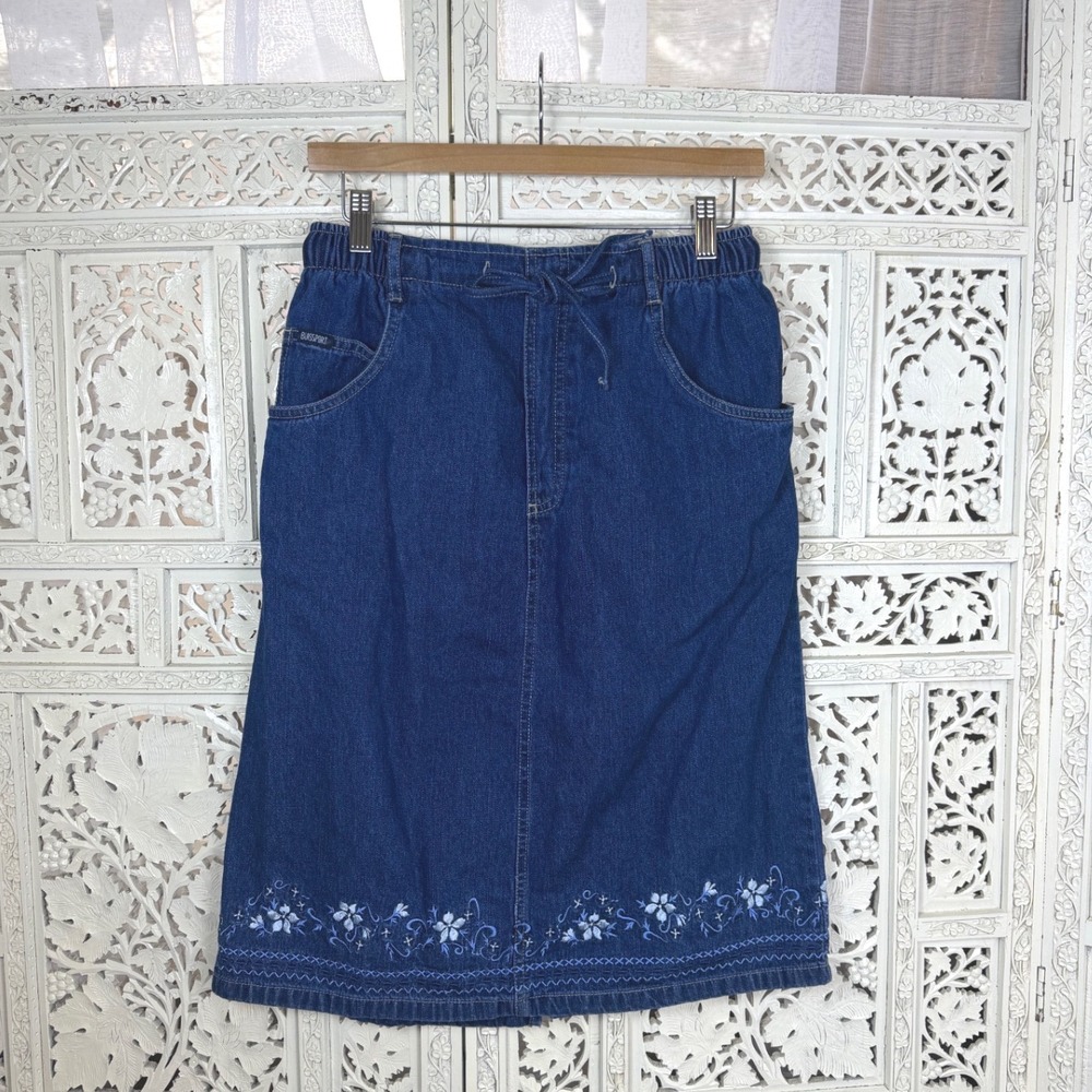 Vtg Dark Wash Denim Embroidered Skirt Tie Waist Womens S/M Granny‎ Cottage Retro